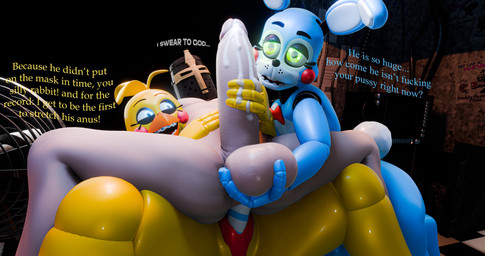 anal anal_penetration anthro armor ball_fondling balls beak big_balls big_penis bisexual blue_body blue_eyes blush bodily_fluids cum cum_on_hand cum_on_penis dialogue erection female femboy fingers fondling genital_fluids genitals glowing glowing_eyes green_eyes group group_sex handjob headgear helmet humanoid_genitalia humanoid_penis machine male male/female male/male male_anthro male_penetrated nude open_mouth penetration penile penis profanity sex sex_toy spreading teeth text thick_thighs threesome trio white_body white_genitals white_penis yellow_body thedirtyant five_nights_at_freddy's five_nights_at_freddy's_2 scottgames runaboo_chica toy_bonnie_(fnaf) toy_chica_(fnaf) animatronic avian bird chicken galliform human lagomorph leporid mammal phasianid rabbit robot 3d_(artwork) absurd_res digital_media_(artwork) english_text hi_res