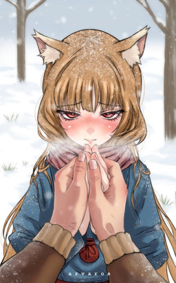 animal_ears blue_clothing blue_jacket blue_topwear blush breath brown_clothing brown_hair brown_jacket brown_topwear clothing embarrassed eyelashes female first_person_view hair hand_holding inner_ear_fluff jacket long_hair looking_at_viewer male outside own_hands_together red_eyes snow snowing solo text topwear tuft arvaros spice_and_wolf holo_(spice_and_wolf) kraft_lawrence animal_humanoid canid canid_humanoid canine canine_humanoid canis humanoid mammal mammal_humanoid wolf wolf_humanoid 2025 artist_name digital_drawing_(artwork) digital_media_(artwork) hi_res
