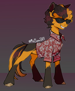 aloha_shirt black_hair clothing eyewear feral freckles fur hair male multicolored_body multicolored_fur multicolored_hair orange_body orange_fur pattern_clothing pattern_shirt pattern_topwear shirt smile smirk solo standing sunglasses topwear two_tone_body two_tone_fur two_tone_hair two_tone_tail msclemsky hasbro my_little_pony cookie_cheetos fan_character earth_pony equid equine horse mammal pony 2024 hi_res