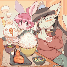 anthro big_breasts black_eyes black_hair blush bottomwear breasts chopsticks clasped_hands clothed clothing duo ear_tuft eating envy female food fully_clothed fur furniture hair kemono long_hair looking_at_another pink_body pink_eyes pink_fur pink_hair ponytail rice table topwear tuft whiskers white_body white_fur sanjiro chao_pyon_pyon jyuri_(ziroro326) domestic_cat domestic_rabbit felid feline felis lagomorph leporid mammal oryctolagus rabbit 1:1 2020 aliasing dated digital_media_(artwork) shaded