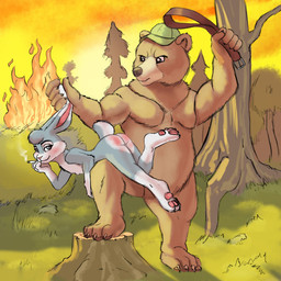 anthro bare_butt belt belting butt butt_slap cigarette duo ear_grab fire forest male male/male nude on_lap over_knee plant red_butt size_difference slap smoking smoking_cigarette smug_face spanking tree deadlyassassin bear lagomorph leporid mammal rabbit 1:1 absurd_res hi_res