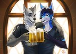 5_fingers alcohol anthro beer beverage black_lips black_nose blue_eyes blue_hair clothed clothing eyebrows eyelashes fingers fur grey_body grey_fur hair lips male open_mouth smile teeth tongue gaiawolfess malakhael canid canine fox mammal 2023 digital_media_(artwork) hi_res