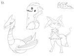 anthro butt female feral group gun male neck_bow ranged_weapon smoking_gun weapon karie nintendo pokemon braixen generation_2_pokemon generation_6_pokemon generation_7_pokemon mimikyu pokemon_(species) skarmory 4:3 black_and_white hi_res monochrome sketch