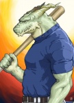 anthro baseball_bat bat_(object) belt biceps clothing male muscular muscular_anthro muscular_male pecs shirt smile solo topwear weapon_on_shoulder yellow_eyes dn mythology crocodile crocodilian dragon mythological_creature mythological_scalie reptile scalie hi_res