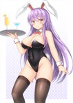 alcohol beverage big_breasts blush bow_(feature) bow_in_front bow_tie breasts bunny_costume clothing costume cuffs_(clothing) eyebrow_through_hair eyebrows eyelashes eyelashes_through_hair female glass hair holding_tray legwear long_hair looking_at_viewer orange_slice purple_hair red_eyes simple_background smile solo stockings translucent translucent_hair tray white_background yuu_(yu0221f) touhou reisen_udongein_inaba animal_humanoid humanoid lagomorph lagomorph_humanoid leporid_humanoid mammal mammal_humanoid rabbit_humanoid hi_res