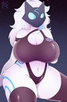 anthro big_breasts blue_eyes bovid breasts caprine cleavage clothed clothing female fur hair hi_res kindred_(lol) lamb_(lol) league_of_legends long_hair mammal mask night nipples rennoraspark riot_games simple_background solo tencent white_body white_fur wide_hips