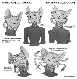 anthro clothing coat cybernetics dialogue expressions eyelashes female hairless hands_behind_back long_eyelashes looking_at_viewer machine solo tear_trough text topwear wire blackbookalpha domestic_cat felid feline felis hairless_cat mammal sphynx_(cat) black_and_white english_text monochrome sketch