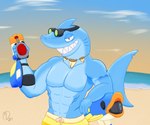 anthro arm_cannon arm_tattoo beach blue_body bottomwear clothing cloud detailed_background eyewear gills goggles jewelry male no_sclera outside pants pupils shark_tail shark_tooth_necklace sharp_teeth shirt slit_pupils smile smiling_at_viewer solo sunset swimming_trunks swimwear tattoo teeth topwear toy toy_gun yellow_bottomwear yellow_clothing yellow_pants monodreams bio_exo_arena_suit_team finn_(bio_exo_arena_suit_team) fish marine shark 2024 hi_res signature