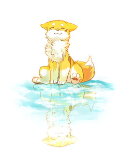 bodily_fluids eyes_closed female feral fluffy fur markings orange_body orange_fur reflection simple_background sitting smile solo teardrop tears tuft water white_background white_body white_fur tsukune_minaga kitsuneinu canid canine canis domestic_dog fox hybrid mammal hi_res