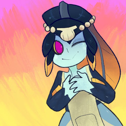 :> apron blue_body blue_hair circlet clothing female fin fin_hair gradient_background hair looking_at_viewer one_eye_closed pink_eyes ponytail pseudo_hair seashell shell simple_background smile solo wink winking_at_viewer yellow_sclera vixenart skullgirls minette animal_humanoid aquatic aquatic_humanoid cyprinid cypriniform dagonian fish fish_humanoid humanoid minnow 1:1 2019 digital_media_(artwork) half-length_portrait hi_res portrait