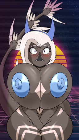angry anthro big_breasts blue_nipples breasts clenched_teeth embarrassed female huge_breasts looking_at_viewer navel nipples non-mammal_breasts non-mammal_navel non-mammal_nipples nude solo surprised synthwave tail teeth thick_thighs wide_hips seiiartworks fan_character vee_(veedway) dinosaur prehistoric_species reptile saurischian scalie theropod troodon troodontid absurd_res hi_res