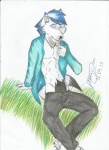 anthro blue_eyes blue_hair clothing ear_piercing hair jewelry male necklace piercing solo darklycan canid canine canis mammal wolf hi_res traditional_media_(artwork)