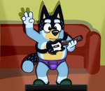 anthro black_nose blue_body blue_eyes blue_fur briefs bulge clothed clothing footwear fur furniture green_clothing green_footwear green_shoes green_slippers guitar humanoid_hands male musical_instrument plucked_string_instrument purple_briefs purple_clothing purple_underwear rhythm_game shoes slightly_chubby slippers sofa solo string_instrument teal_eyes topless underwear neenya bluey_(series) comedy_central guitar_hero south_park bandit_heeler australian_cattle_dog canid canine canis cattledog domestic_dog herding_dog mammal pastoral_dog 2022 absurd_res hi_res