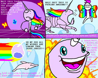 ambiguous_gender attack feral group horn humor imagination machine pink_body profanity rainbow singing solo_focus text white_body unknown_artist adult_swim cartoon_network mythology robot_unicorn_attack aquatic cetacean dolphin equid equine mammal mythological_creature mythological_equine oceanic_dolphin robot toothed_whale unicorn comic digital_media_(artwork) english_text