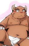 anthro asian_clothing blush brown_body brown_fur clothing east_asian_clothing fundoshi fur japanese_clothing kemono male moobs navel nipples overweight overweight_male simple_background solo underwear white_clothing white_fundoshi white_underwear snow_utamaru bovid bovine cattle mammal 2024 hi_res