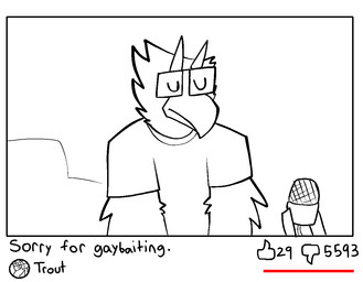anthro apology apology_video beak clothing downvote electronics eyewear glasses horn male microphone shirt solo text topwear trout_(artist) mythology trout_(character) avian gryphon mythological_avian mythological_creature english_text