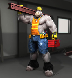 abs anthro armor athletic biceps big_muscles biped black_hair blue_bottomwear blue_clothing blue_shorts bottomwear bulge chain_necklace clenched_teeth clothing construction_beam construction_worker facial_hair gloves goatee grey_body grey_skin hair handwear hard_hat headgear helmet hooves jewelry leg_tuft male musclegut muscular muscular_anthro muscular_male necklace nipples pecs pose shirt shorts slightly_chubby solo standing teeth tool_belt toolbox tools topwear tuft vein vest worker wrench braford simon_(braford) equid equine horse mammal 2014 3d_(artwork) dated digital_media_(artwork) signature