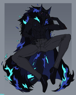 abs anthro black_body black_clothing black_footwear black_fur black_shoes blue_clothing blue_eyes blue_fire blue_nipples bottomwear cape claws clothed clothing colored_fire fingers fire footwear fur grey_bottomwear grey_clothing grey_pants looking_at_viewer lying male male_anthro monotone_body muscular muscular_anthro muscular_male nipple_piercing nipples on_back pants pecs piercing pink_eyes purple_eyes red_eyes scar shoes simple_background smile solo spread_legs spreading topless topless_male tuft milajanh art_fight bat canid canine canis mammal wolf 2026 absurd_res digital_media_(artwork) hi_res