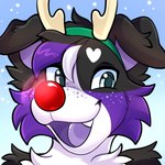 anthro black_body black_fur blue_eyes fangs festive fur glistening glistening_eyes glistening_nose heart_symbol holidays purple_body purple_fur purple_tongue red_nose teeth tongue white_body white_fur rindeadsong christmas canid canine canis deer domestic_dog mammal new_world_deer reindeer 1:1 2024 bust_portrait icon portrait