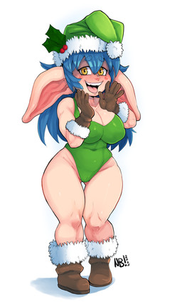 big_breasts blue_hair blush blush_stickers boots breasts camel_toe christmas_clothing christmas_headwear clothed clothing female footwear gesture gloves hair handwear hat headgear headwear holidays holly_(plant) huge_ears humanoid_pointy_ears leotard long_hair nipple_outline not_furry open_mouth open_smile plant pointy_ears santa_hat shoes simple_background smile solo standing thick_thighs waving waving_at_viewer white_background wide_hips yellow_eyes nerdbayne christmas elf humanoid 2025 absurd_res hi_res