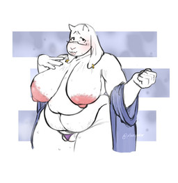 anthro areola big_areola big_breasts big_nipples blotchy_areola blush bodily_fluids breasts camel_toe clothing ear_piercing ear_ring eyelashes eyewear female glasses horn huge_areola long_ears long_eyelashes mature_female nipples overweight overweight_female piercing pink_nipples ring_piercing robe sagging_breasts solo sweat thong underwear p1umeater undertale_(series) toriel boss_monster_(undertale) mammal hi_res