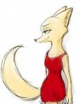 anthro black_nose blue_eyes breasts clothed clothing dress female fully_clothed fur inner_ear_fluff red_clothing red_dress simple_background small_breasts smile solo standing tuft white_background white_body white_fur marema_kishin disney zootopia skye_(zootopia) arctic_fox canid canine fox mammal true_fox 2018 3:4 hi_res