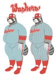 anthro baseball_(sport) baseball_cap baseball_uniform belly bottomwear clothing fur grey_body grey_fur hat headgear headwear humanoid_hands male overweight overweight_male pants shirt simple_background solo sport sportswear text topwear uniform white_background yasano mammal procyonid raccoon 2021 hi_res