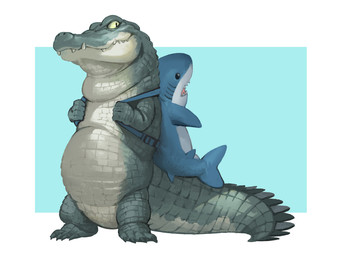 ambiguous_gender anthro backpack clothing green_body green_scales male overweight pupils scales simple_background slit_pupils solo standing nisimawari crocodile crocodilian reptile scalie 2020 4:3 digital_media_(artwork)
