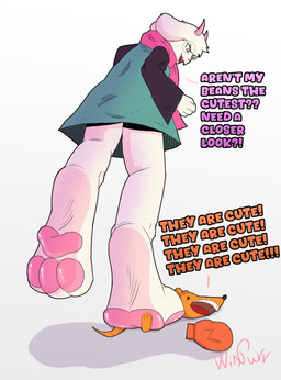 3_toes anthro barefoot clothing dialogue duo feet female foot_fetish fur male micro orange_body orange_fur pawpads paws pink_pawpads raised_paw sex soles step_position stepped_on text toes white_body white_fur anthony444333 deltarune undertale_(series) orange_(deltarune) ralsei bovid caprine darkner goat mammal mouse murid murine rodent 2026 absurd_res digital_media_(artwork) english_text hi_res