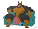 anthro balls biceps big_balls big_muscles big_penis black_body black_nose blake_(juano) brown_body butt_crush canid canine canis clothing collar dobermann domestic_dog duo fur genitals green_eyes hi_res huge_balls huge_muscles huge_penis juano larger_male male male/male mammal muscular muscular_anthro muscular_male nipples pecs penis pinscher red_collar sat_on sitting size_difference speedo spiked_collar spikes swimwear