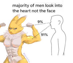 abs anthro athletic biceps big_breasts black_nose black_sclera blue_eyes breasts cheek_tuft chest_tuft countershading curvy_figure duo eyebrows eyelashes eyeliner facial_tuft featureless_breasts female fluffy frown fur fur_markings larger_female long_ears looking_aside looking_at_another makeup male markings muscular muscular_anthro muscular_female navel neck_tuft pose purple_body purple_fur raised_arm size_difference text thick_thighs triceps tuft white_body white_countershading white_fur wide_hips yellow_body yellow_fur starsineyes bandai_namco digimon anon canid digimon_(species) human mammal renamon artist_name colored english_text meme shaded