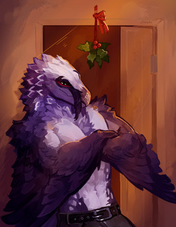 anthro beak belt black_belt clothed clothing feathers holidays male mistletoe plant solo topless topless_anthro topless_male white_body white_feathers winged_arms wings sapphiringore christmas accipitrid accipitriform avian bearded_vulture bird old_world_vulture vulture 2025 absurd_res hi_res