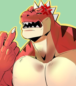 anthro black_sclera claws cross-popping_vein gesture green_background green_eyes hand_gesture head_spikes looking_at_viewer male middle_finger multicolored_body multicolored_scales muscular muscular_anthro muscular_male open_mouth outline pecs red_body red_scales scales sharp_teeth simple_background solo spikes spikes_(anatomy) striped_body striped_scales stripes tan_body tan_scales teeth white_claws yellow_outline itsdhani buzz_(mels_monster) dinosaur prehistoric_species reptile saurischian scalie theropod tyrannosaurid tyrannosauroid tyrannosaurus tyrannosaurus_rex 2024 absurd_res hi_res