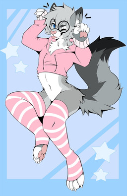 anthro blep blue_eyes bottomless bottomless_anthro bottomless_male claws clothed clothing crop_top cropped_hoodie dipstick_ears dipstick_fingers dipstick_tail dipstick_toes ear_markings eyewear femboy fur glasses grey_body hair hoodie leg_warmers legwear looking_at_viewer male markings multicolored_ears navel one_eye_closed pattern_clothing pattern_legwear pawpads paws pink_clothing pink_hoodie pink_nose pink_topwear round_glasses shirt simple_background smile solo spots spotted_markings star striped_clothing striped_legwear stripes tail tail_markings thigh_highs tongue tongue_out topwear wink winking_at_viewer slushie-nyappy-paws nixuelle domestic_cat egyptian_mau felid feline felis mammal 2026 digital_media_(artwork) hi_res
