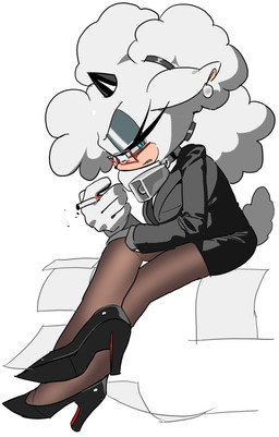 anthro black_clothing black_footwear black_high_heels black_horn blue_eyes cigarette clothing cowbell eyewear female footwear glasses grimace high_heels holding_cigarette holding_object horn legwear office_clothing pantyhose shoes solo kosherea idw_publishing sega sonic_the_hedgehog_(comics) sonic_the_hedgehog_(idw) sonic_the_hedgehog_(series) lanolin_the_sheep_(sonic) bovid caprine mammal sheep 2025 absurd_res hi_res