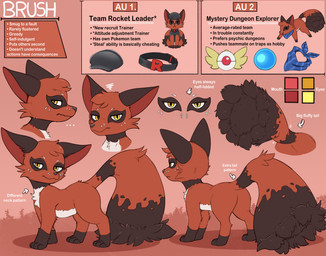 ambiguous_feral ambiguous_gender brown_body brown_fur cheek_tuft facial_tuft feral fur head_tuft looking_at_viewer mouth_closed narrowed_eyes pupils red_body red_fur side_view slit_pupils solo text tuft white_body white_fur yellow_eyes bunnykisses nintendo pokemon brush_(bunnykisses) canid canine generation_8_pokemon mammal nickit pokemon_(species) english_text hi_res model_sheet
