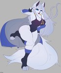 anthro artic big_breasts big_butt breasts butt cape clothing fangs female fur gesture greeting hair hand_gesture hello lean_pose leotard long_hair solo superhero teeth uniform v_sign white_body white_fur skapu canid canine canis mammal wolf absurd_res hi_res