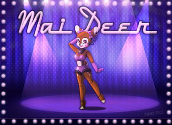 anthro blush bow_(feature) bow_tie breasts burlesque curtains electronics female fur headgear headphones headset hooves humor looking_at_viewer machine markings mole_(marking) pink_eyes pose pun solo spotlight spots spotted_body spotted_fur stage pinkypills_(artist) five_nights_at_freddy's scottgames fan_character animatronic deer mammal robot absurd_res hi_res