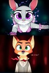 anthro clothed clothing duo fur green_eyes grey_body grey_fur orange_body orange_fur purple_eyes question_mark text bubblecop disney zootopia judy_hopps nick_wilde canid canine fox lagomorph leporid mammal rabbit red_fox true_fox absurd_res english_text hi_res