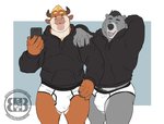 5_fingers anthro black_clothing black_hair black_hoodie black_nose black_topwear blonde_hair blue_eyes body_hair briefs brown_body brown_eyes brown_fur bulge chest_hair clothing drawyourfursona duo electronics fingers fur grey_body grey_fur grin hair hand_behind_head hand_on_shoulder holding_object holding_phone hoodie hoodie/briefs_meme horn looking_at_viewer male multicolored_body multicolored_fur musclegut muscular open_mouth overweight overweight_anthro overweight_male phone pink_nose pubes simple_background smile standing tan_body tan_fur three-quarter_view topwear two_tone_body two_tone_fur underwear white_clothing white_underwear bruteandbrawn meme_clothing asher_(bruteandbrawn) torben bear bovid bovine cattle mammal 2020 digital_media_(artwork) meme watermark