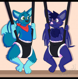 3_toes 4_fingers ambiguous_gender anthro baby_bouncer back_wings black_nose blue_body blue_fur blue_hair blue_inner_ear blue_tail blue_tail_tip blush blush_lines clean_diaper clothed clothing diaper diaper_only dipstick_tail duo eye_contact fangs feet fingers fur hair heart_symbol kerchief leg_markings looking_at_another markings neckerchief neckwear pink_nose red_kerchief red_neckerchief smile socks_(marking) suspension tail tail_markings teeth text toes topless wavy_mouth wearing_diaper white_diaper winged_arms wings shadyadi jacio_the_wolfbat james_(shadyadi) bat canid canine canis hybrid mammal wolf 2024 artist_name hi_res letterbox signature