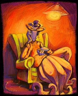 ambiguous_gender ceiling_lamp chair clothed clothing ear_piercing eyewear furniture glasses hair lamp on_chair piercing purple_body purple_hair purple_skin sitting sitting_on_chair solo sweater tentacles topwear pettypalps archie_(pettypalps) alien cephalopod_taur 2023 digital_drawing_(artwork) digital_media_(artwork) hi_res
