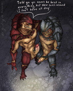 4_balls abs anthro athletic balls barefoot biceps big_penis blue_body blue_eyes blue_skin brown_body brown_skin claws comparing comparing_penis dialogue digitigrade duo erection fangs feet foreskin genitals glans grin high-angle_view holding_penis humanoid_genitalia humanoid_penis looking_at_genitalia looking_at_penis male male/male multi_balls multi_genitalia muscular muscular_male nipples nude pecs penis penis_envy penis_grab pupils red_body red_eyes red_skin retracted_foreskin scales slit_pupils smile teeth text toe_claws vein mickey_the_retriever bioware electronic_arts mass_effect grunt_(mass_effect) urdnot_wrex alien krogan scalie 2014 4:5 english_text hi_res signature