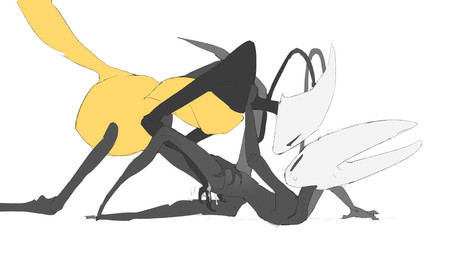 2_horns antennae_(anatomy) anthro arch_position black_body black_eyes bodily_fluids duo eyes_closed female female/female fingering from_front_position genital_fluids hand_on_shoulder horn leg_over_shoulder looking_at_another lying multicolored_body on_back penetration pinned sex simple_background sweat sweatdrop tail vaginal vaginal_fingering vaginal_fluids vaginal_fluids_on_hand vaginal_penetration white_background white_head yellow_body yellow_tail justdog hollow_knight:_silksong hollow_knight_(franchise) team_cherry hornet_(hollow_knight) shakra_(hollow_knight:_silksong) arachnid arthropod 16:9 2025 digital_media_(artwork) flat_colors hi_res sketch widescreen