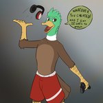 anthro beak bottomwear brown_body brown_feathers clothing controller electronics feathers game_controller gaming green_body green_feathers headgear headphones headset male playing_video_game ragequit shirtless shorts solo text yellow_beak cyrrasv sonicfox_vs_quackerman ggmaidenslayer anas anatid anseriform avian bird dabbling_duck duck mallard 1:1 english_text hi_res