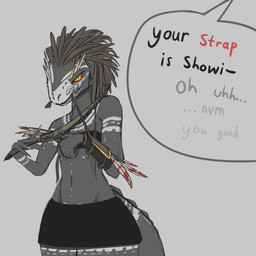 anthro armor beaded_jewelry beads belly biceps bite bodypaint bottomwear bracers clothing dagger dark_body dialogue face_paint feather_hair feathers female gauntlets glaring_at_viewer gloves handwear jewelry looking_at_viewer melee_weapon muscular muscular_female navel_outline pseudo_hair pupils simple_background skirt slit_pupils solo speech_bubble standing straps teeth_showing topwear tube_top weapon varlastreak bra_strap_showing_(meme) microsoft the_elder_scrolls situth_(varlastreak) argonian scalie colored_sketch hi_res meme sketch