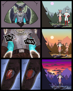 abs anthro black_body black_fur blood bodily_fluids bottomwear brown_bottomwear brown_clothing brown_gloves brown_handwear brown_pants bruised clothed clothing dipstick_tail evening evergreen_tree featureless_crotch forest fur gloves gore group handwear healing healing_magic horn male male_anthro markings mostly_nude_anthro muscular muscular_male nude_anthro onomatopoeia pants pine_tree pink_thighs plant red_arms red_legs red_tail_tip sound_effects stitch_(sewing) sunset tail tail_markings text time_progression topless topless_anthro topless_male tree trio unconscious white_arms white_body white_legs white_tail white_thighs white_torso winged_arms wings wounded 60percentscalie dovak evelan_(60percentscalie) vauruk bat demon mammal 4:5 comic english_text hi_res