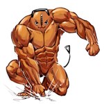 >:3 abs anthro barazoku biceps big_muscles featureless_crotch kneeling looking_at_viewer male muscular muscular_anthro muscular_male on_one_knee orange_body pecs power_tool punch punching_floor simple_background solo tail tools nightarm chainsaw_man pochita_(chainsaw_man) demon humanoid 1:1