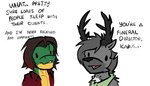 anthro antlers brown_hair chibi dark duo fur green_body grey_body grey_fur grey_hair hair horn humor joke male multicolored_body multicolored_hair red_hair simple_background text two_tone_body two_tone_hair white_background yellow_body arrwulf icarus_aresane deer humanoid lizard mammal reptile scalie english_text meme