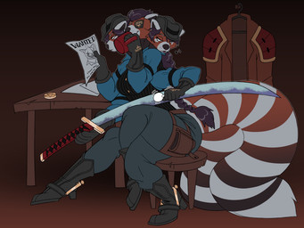 3_heads 3_legs 4_arms anthro bounty_hunter cowboy female katana melee_weapon multi_arm multi_head multi_limb samurai sheriff solo sword wanted_poster warrior weapon fetishame european_mythology greek_mythology mythology phantomshotgun ailurid mammal red_panda 4:3 absurd_res hi_res